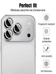 3pcs Silver Rhinestone Metal Camera Lens Protector Film, Suitable For IPhone 17 Pro Max/17 Pro, Easy To Apply, Scratch-Resistant, Full Coverage, Compatible With Protective Case, Suitable For Birthday/Easter/Thanksgiving/Family/Friends/Unisex, No Bubbles, Scratch-Resistant, High Hardness - Diamond Silver - View 4