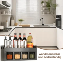 [4 Fächer-Design][37 cm * 13 cm * 14 cm]Wandmontierter Schubladenspender mit 4 Fächern, geeignet zum Aufbewahren von Gewürzen, Salz und Glutamat in Haushaltküchen, bohrfreie Gewürzaufbewahrung, Küchenzubehör, Küchen-Salz- und Pfefferstreuer / Gewürzfläschchen - Vier schwarze Gitter - Übersicht 8