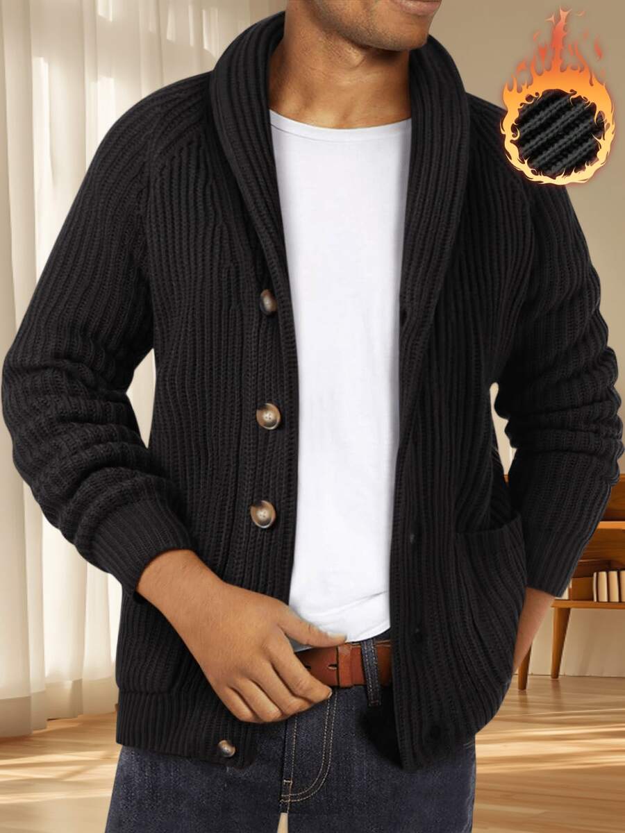 Runcati Mens Sweater Shawl Neck Cable Knit Zip Up Cardigan Winter Outerwear With Pockets - màu đen - Xem 1