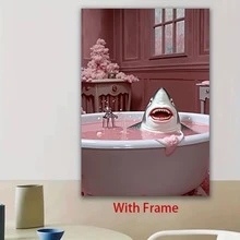 Framed 2D Flat, 1pc Framed Canvas Wall Art - Whimsical Shark In Pink Bathtub Scene, Modern Classic Style, Ready-To-Hang Indoor Decor For Living Room, Bedroom, Office, Unique Birthday & Holiday Gift, Bedroom Artwork, Playful Design, Vibrant Colors, Readytohang Artwork, Home Decoration, Durable Frame, Decorative , Party Planners, 2D Flat - Đóng khung - Xem 5