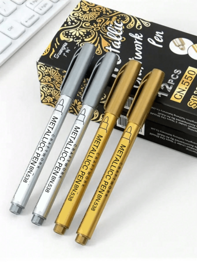 1pc Gold & Silver Metal Paint Pens For Diy Drawing On Black Card/Doodling/Craft/Scrapbooking/Sign-Making, Pens, Markers, Acrylic Markers, Acrylic Pens Back To School,Pens