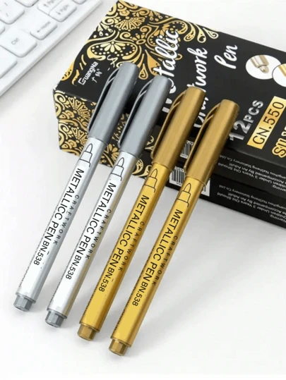 1pc Gold & Silver Metal Paint Pens For Diy Drawing On Black Card/Doodling/Craft/Scrapbooking/Sign-Making, Pens, Markers, Acrylic Markers, Acrylic Pens Back To School,Pens