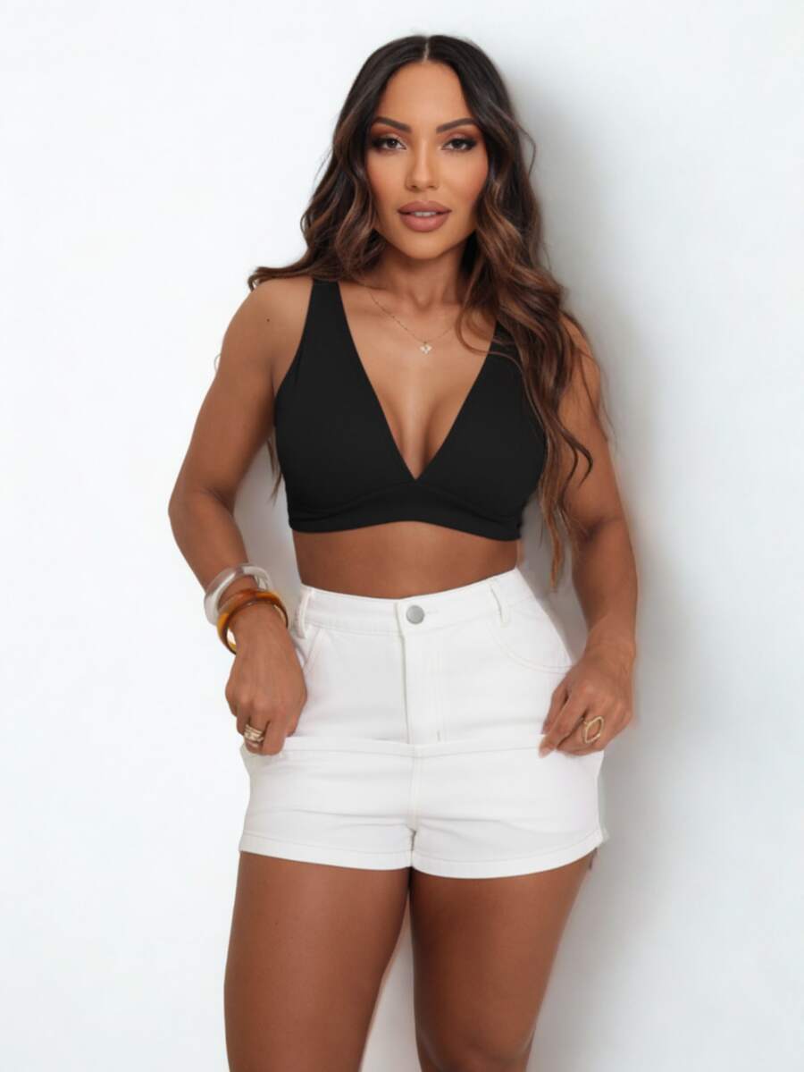 Denim Shorts Skirt With Side Slit. - Blanco - Ver 1