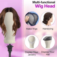 Wig-Bearing Mannequin Head With Wig Stand And Tripod, For Wig Styling Practice And Wig-Making Demonstrations. Canvas Mannequin Head Set Includes Head Form, Tripod Stand, T-Pin Set And Three-Piece Brush Set. - 白色套裝 - 查看 5
