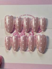 Valentine's Day And New Year Pink Pearl 10 Pieces Long Almond Shaped Press On Nail, Gentle, Simple And Elegant With Polka Dot Decoration, Versatile Wearable Nail Set, Fully Adhesive Detachable Fake Nail Set, Suitable For Office Workers, Students, Party Girls, And Nail Supplies Of All Seasons, Equipped With 1 Jelly Gel And 1 Nail File. Press On Nails - Pink - View 2