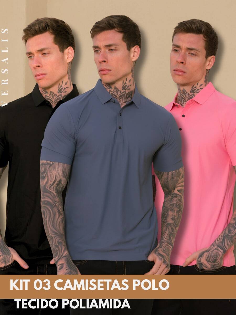 Kit 03 Premium Polyamide Polo Shirt Men's Shirt With Collar And Button Breathable Fabric - 黑色/鋼藍/粉紅色 - 查看 1