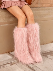 Women Fashionable Fluffy Winter Christmas Furry Knee High Long Boots Pull-On Faux Fur Round Toe Boots Warm Boots Outdoor Flat Shoes Party Casual Winter Fall Boots - Hồng C - Xem 2