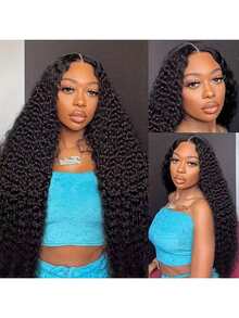 200% Density Deep Curly Human Brazilian Hair 34 Inch 13x4 13x6 HD Undetectable Lace Frontal Glueless Wigs And Wet And Wave Bouncy Jerry Curly Wear And Go 5*5 Glueless Lace Closure Wig For Women Pre Plucked Pre Bleached Knot Ear To Ear Large Area Lace Front Wig Daily Party High Temperature Resistant Fiber Synthetic Blended Mixed Hair Wig - Natural & Black - View 7