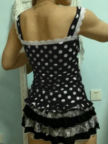 Women Y2k Fairy Grunge Lace Trim Cami Tank Top Lacey Cutecore Camisole Tops Coquette Aesthetic Baby Doll T-Shirts 2000s Teens Girl Fairycore Vintage Clothes - 黑色 - 查看 4