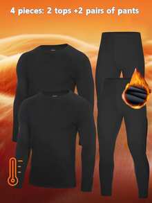 2-Piece Men's Thermal Underwear Set For Autumn/Winter, Long-Sleeve Top And Pants, Fleece-Lined For Warmth, Suitable For Sleepwear And Layering - Black - View 2