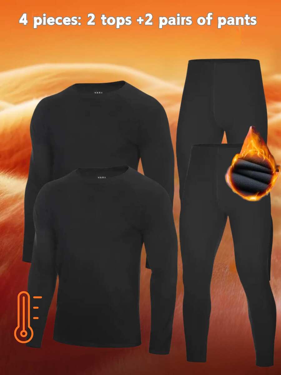 2-Piece Men's Thermal Underwear Set For Autumn/Winter, Long-Sleeve Top And Pants, Fleece-Lined For Warmth, Suitable For Sleepwear And Layering