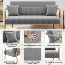 1pc Velvet Upholstered Sofa Couch, Chic Sofa With Mid-Height Backrest, Elegant Loveseat With Gold-Tone Metal Legs For Bedroom, Studio, Office - 淺灰色 - 查看 3
