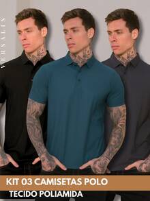 Kit Of 3 Premium Polyamide Polo Shirts For Men With Collar And Buttons, Breathable Fabric - Black/Petroleum Blue/Lead - View 1