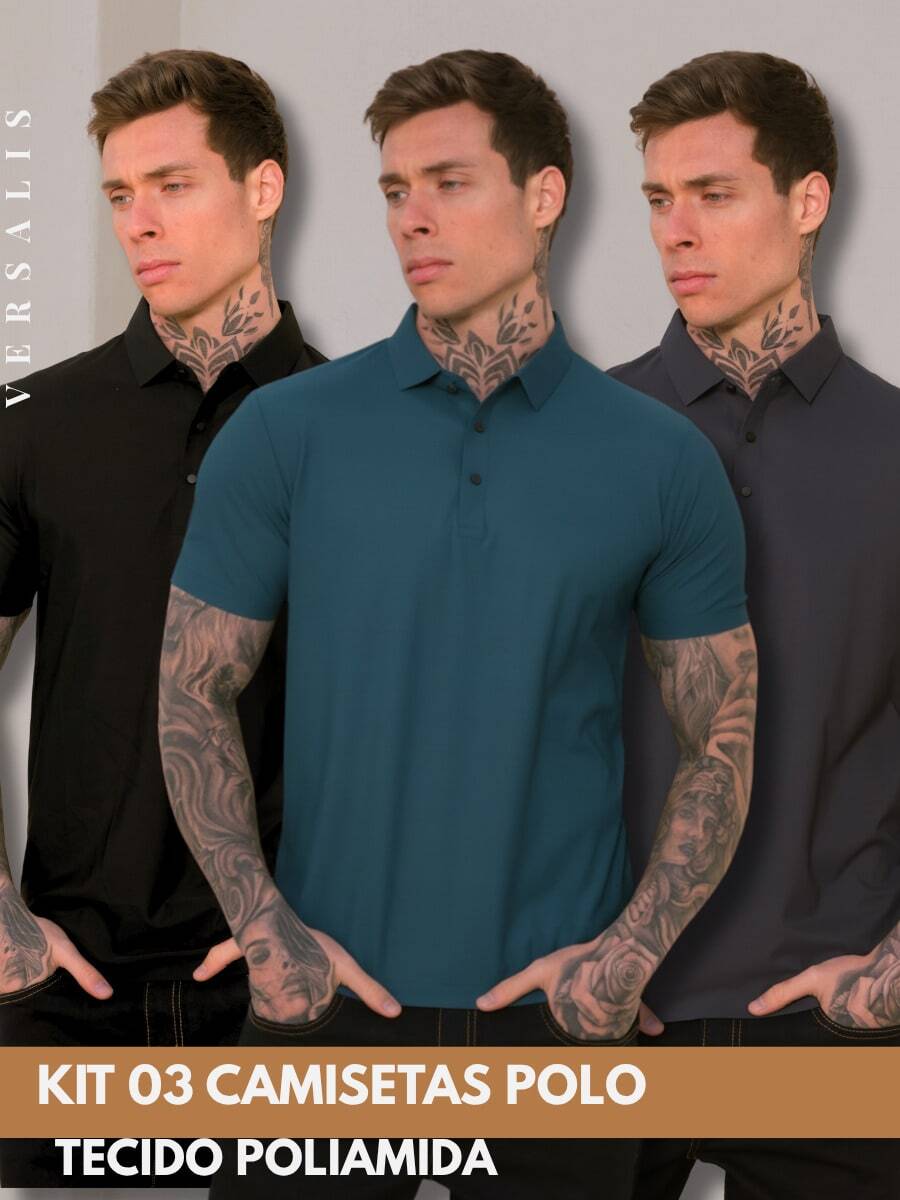 Kit Of 3 Premium Polyamide Polo Shirts For Men With Collar And Buttons, Breathable Fabric - Black/Petroleum Blue/Lead - View 1