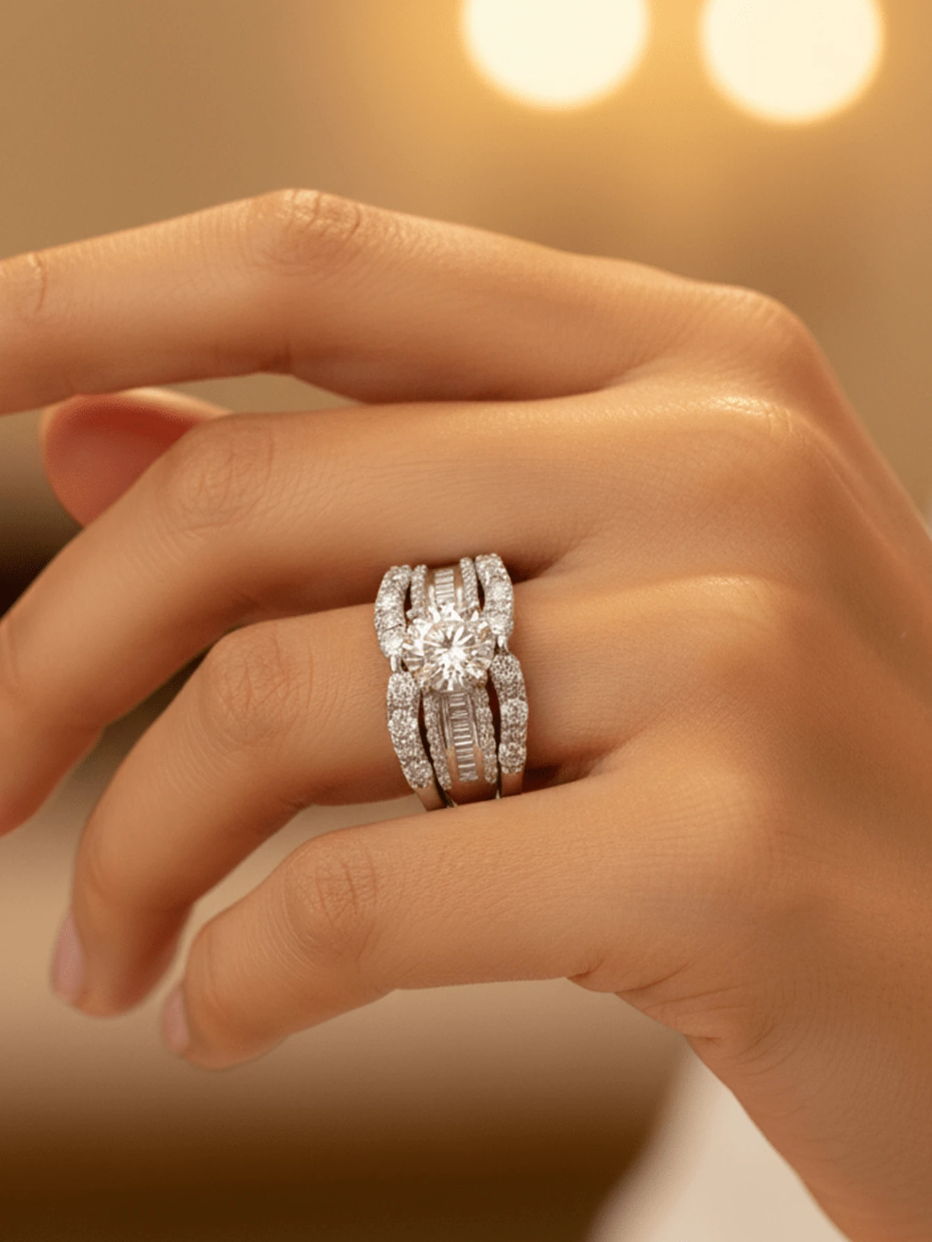 一套925纯银英国女王三件套戒指，镶嵌白色锆石，女士珠宝，基础款单枚戒指，精致珠宝，适合女孩生日、舞会等场合作为礼物