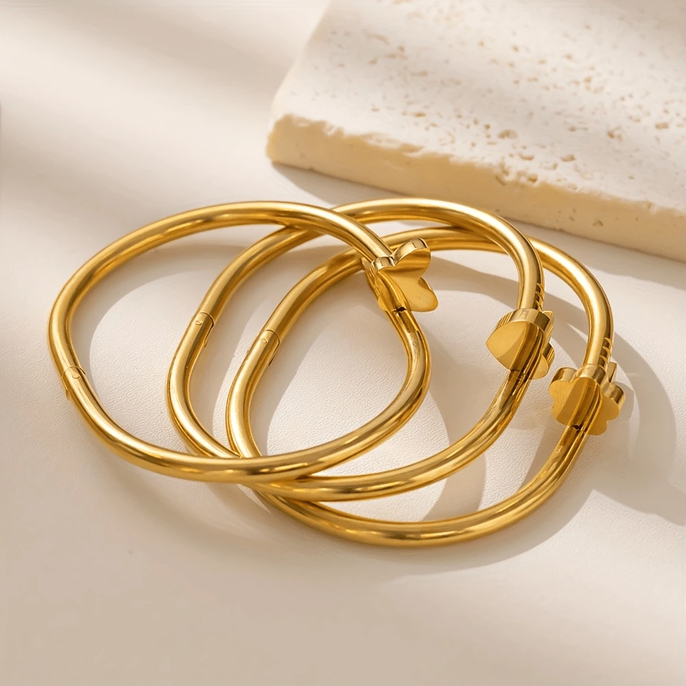 Fashionable Four-Leaf Clover Heart Rivet Stainless Steel Bracelet For Women, Suitable For Daily Wear And Gatherings, Excellent Jewelry Gift For Holidays - Yellow Gold - View 1