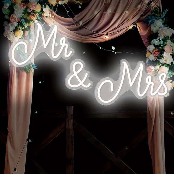 Señal de neón Sr. y Sra. para boda, luz de neón LED, decoración de pared, señal de Sr. y Sra. con USB para decoración de recepción de boda, regalos para aniversario, compromiso, banquete (blanco frío, 25 x 7 pulgadas)