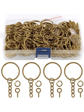 300件套1英寸（25毫米）银色钥匙圈套装，包括100个带链钥匙圈、100个开口环和100个螺丝眼销，适用于珠宝配件制作（银色）