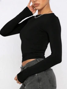 ملابس خريفية للنساء، بلوزات ضيقة بلون أحادي، رقبة على شكل حرف O، أكمام طويلة، ملابس كاجوال للخروج