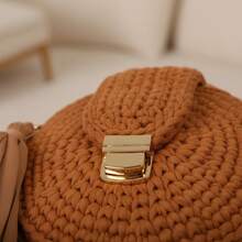 Women's Round Crochet Bag With Tassel And Chain, Macrame Style, Gold Clasp, Minimalist, Casual, Formal - Camel - View 4