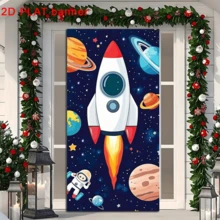 2d Door Banner, 1 Space Exploration Door Banner Made Of Durable Polyester, No Power Required, Reusable Indoor And Outdoor Decoration With Colorful Rocket And Astronaut Designs - Multicolor - View 3