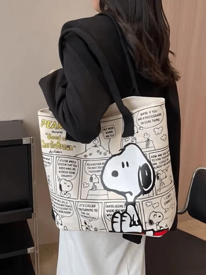 Peanuts Official Snoopy Comic Print Canvas Bag, Large Capacity Tote & Shoulder Crossbody, Multi-Pocket + 14-Inch Laptop Fit, Durable Friendly Fabric, For Teen Girls/Women/Students, School/Commute/Travel, Ideal Birthday Gliday for Snoopy/Pean Gday