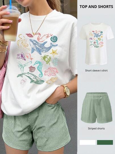 2 piezas Conjunto de top oversize de manga corta con estampado de vida marina y shorts a rayas para mujer - Traje de verano de dos piezas para mujer para vacaciones en la playa