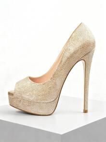 MERUMOTE Women's Platform Stilettos Peep Toe High Heels Slip On Pumps Sexy Dress Shoes For Party Prom Wedding - Gold Glitter - 查看 7