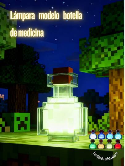 Lámpara modelo botella de poción pixelada Lámpara de escritorio novedosa para gamers Reproduce fielmente el diseño del juego a escala 1:1 Cambia aleatoriamente entre 8 colores Batería recargable incorporada Ideal como regalo de cumpleaños