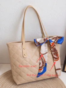 1pc PU Material Diamond Quilted Embroidery Scarf Decor Tote Bag, Large Capacity Lightweight Versatile For Commuting