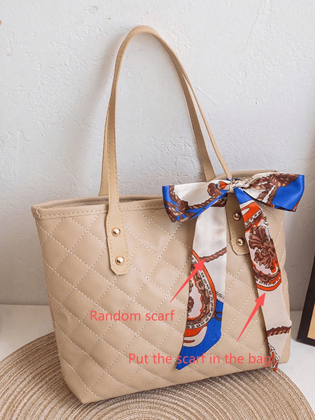 1pc PU Material Diamond Quilted Embroidery Scarf Decor Tote Bag, Large Capacity Lightweight Versatile For Commuting