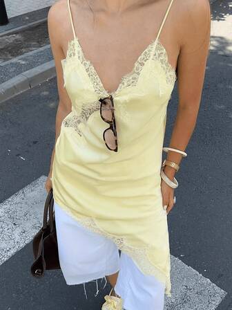 HZXVIC Vestido de satén con parches de encaje elegante y sexy de unicolor para mujer