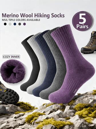 5 Pairs Unisex Merino Wool Hiking Socks (Black/Gray/Navy/Purple) - Ribbed Cozy Inner Warm Breathable For Trekking/Camping/Winter Outdoor Daily Active