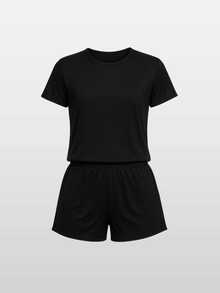 Women's Plus Size Pajama Set With Star Print And Short Sleeves - Black - View 3