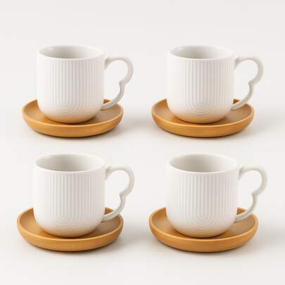 Jogo 4 Xicaras De Café Porcelana com Pires Bambu 90ml Oásis