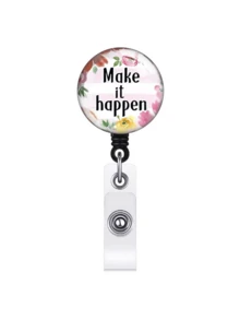 1 pieza Carrete portaidentificación con letras inglesas ajustable, con clip, cierre giratorio y llavero de cristal redondo, adecuado para enfermeras, médicos, uso en la oficina, identificación escolar, decoración de Halloween, Navidad y Día de San Valentín, regalo significativo de Año Nuevo para amigos, compañeros de trabajo, maestros y mayores