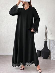 Women's Elegant Arabic Long Sleeve Abaya Dress - Black & White Lace Trim, 100% Polyester, Machine Washable, Micro-Stretch Summer Casual Wear, Middle Eastern Collection Spring - Black - View 3