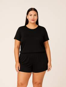 Women's Plus Size Pajama Set With Star Print And Short Sleeves - Black - View 5