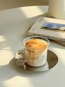 1件套简约美式冰咖啡玻璃杯及不锈钢杯碟套装，家用饮料宽口玻璃杯带把手，不锈钢玻璃咖啡杯碟套装