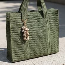 Women's Large Braided Straw Beach Bag With Shell Pendant - Chic, Casual, Elegant - 綠色 - 查看 3