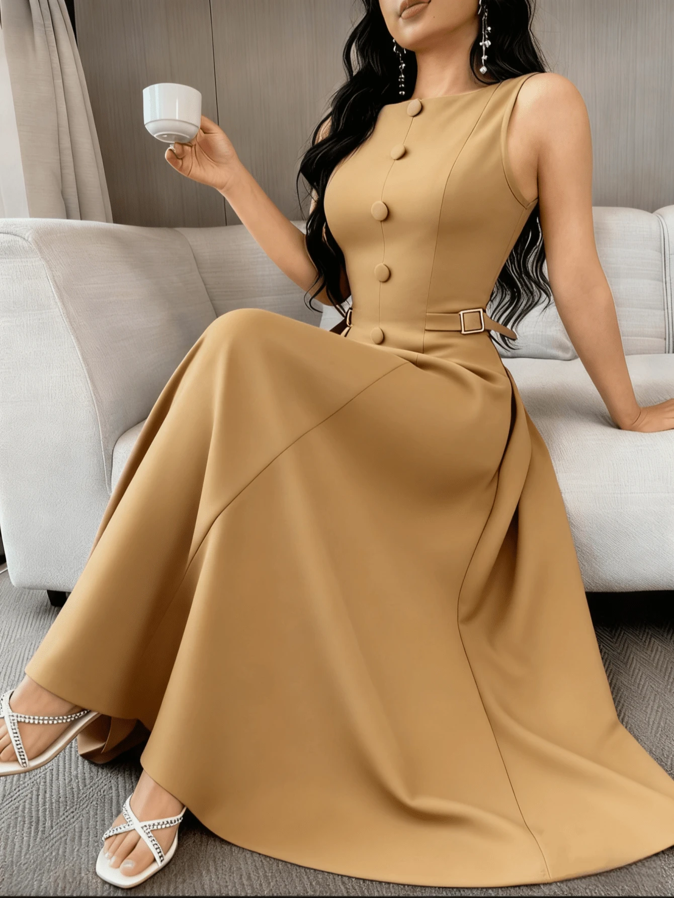 Elegant Sleeveless Long Dress With Defined Waist And V-Neck For Women - Màu Khaki - Xem 1