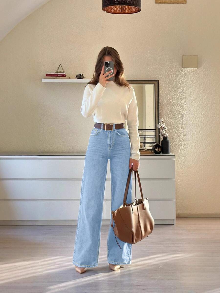 New Women's Light Blue Non-Stretch Denim Jeans - Autumn/Winter Style - Baby Blue - View 1