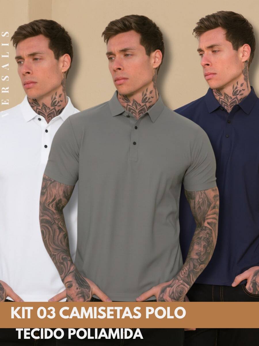 Kit Of 3 Premium Polyamide Polo Shirts For Men With Collar And Buttons, Breathable Fabric - White/Gray/Lead - View 1