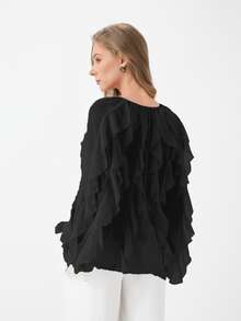 HZXVIC Women's New Autumn French Style Multi-Layer Ruffle Sheer V-Neck Drape Long Sleeve Blouse - Black - View 2