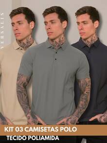 Kit Of 3 Premium Polyamide Polo Shirts For Men With Collar And Buttons, Breathable Fabric - Beige/Gray/Lead - View 1