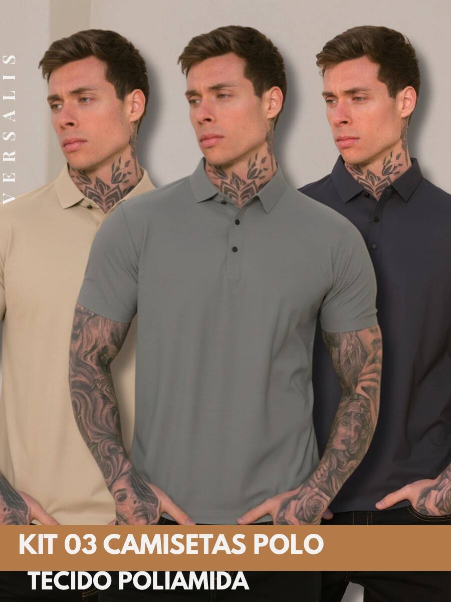 Kit Of 3 Premium Polyamide Polo Shirts For Men With Collar And Buttons, Breathable Fabric - Beige/Gray/Lead - View 1