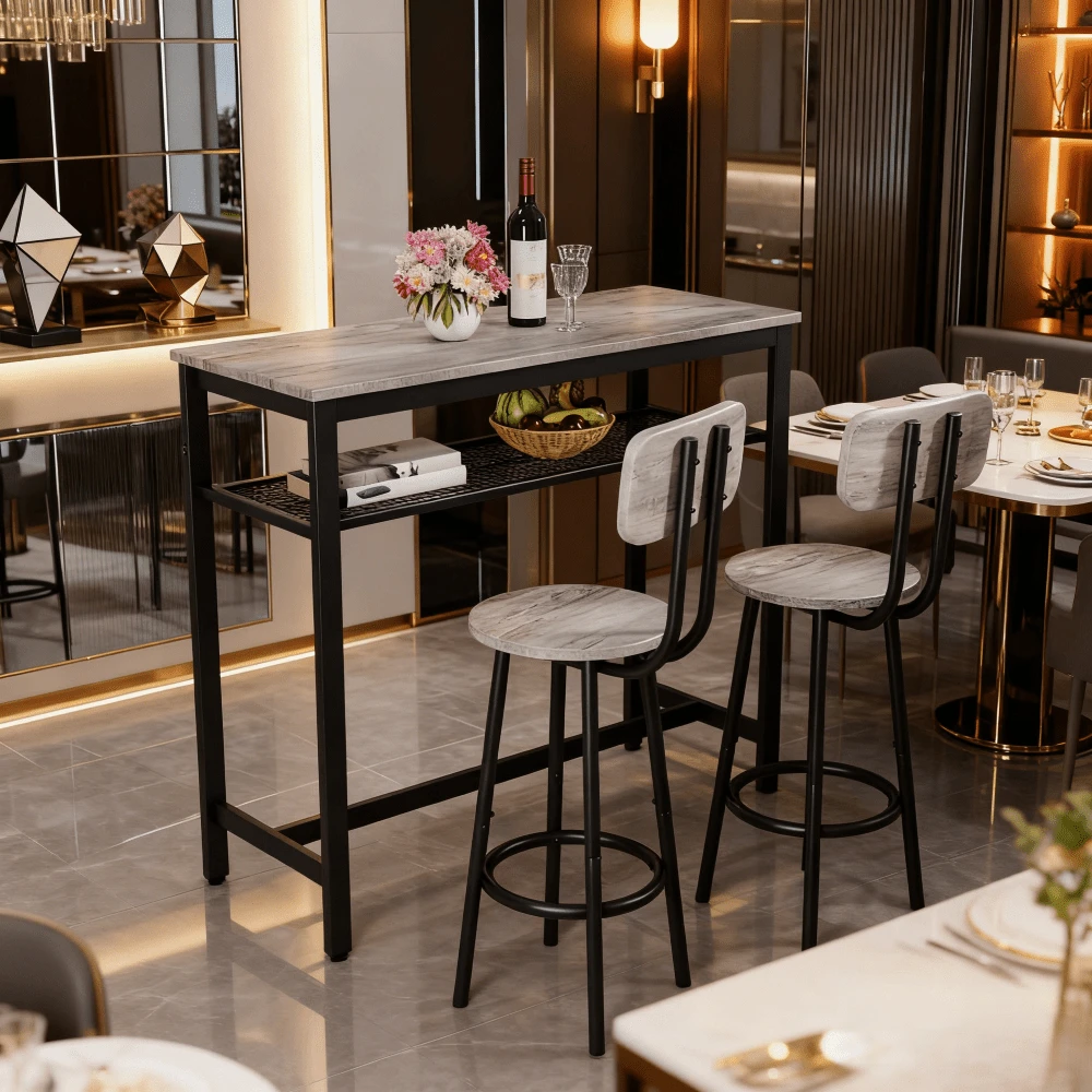 Conjunto de mesa de bar cuadrada gris para 2, juego de mesa de bar de 3 piezas ahorradora de espacio con 2 taburetes para la cocina, rincón de desayuno o sala de fiestas - Gris + MDF + 2 plazas - Ver 1