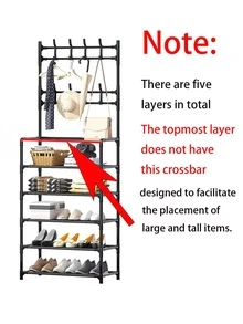 Multifunctional Metal Storage Rack With 8 Double Hooks, 5 Tier Clothes Hat Shoes Organizer Suitable For Bedroom, Living Room, Entrance And Office, Easy To Assemble - 黑色 - 查看 2