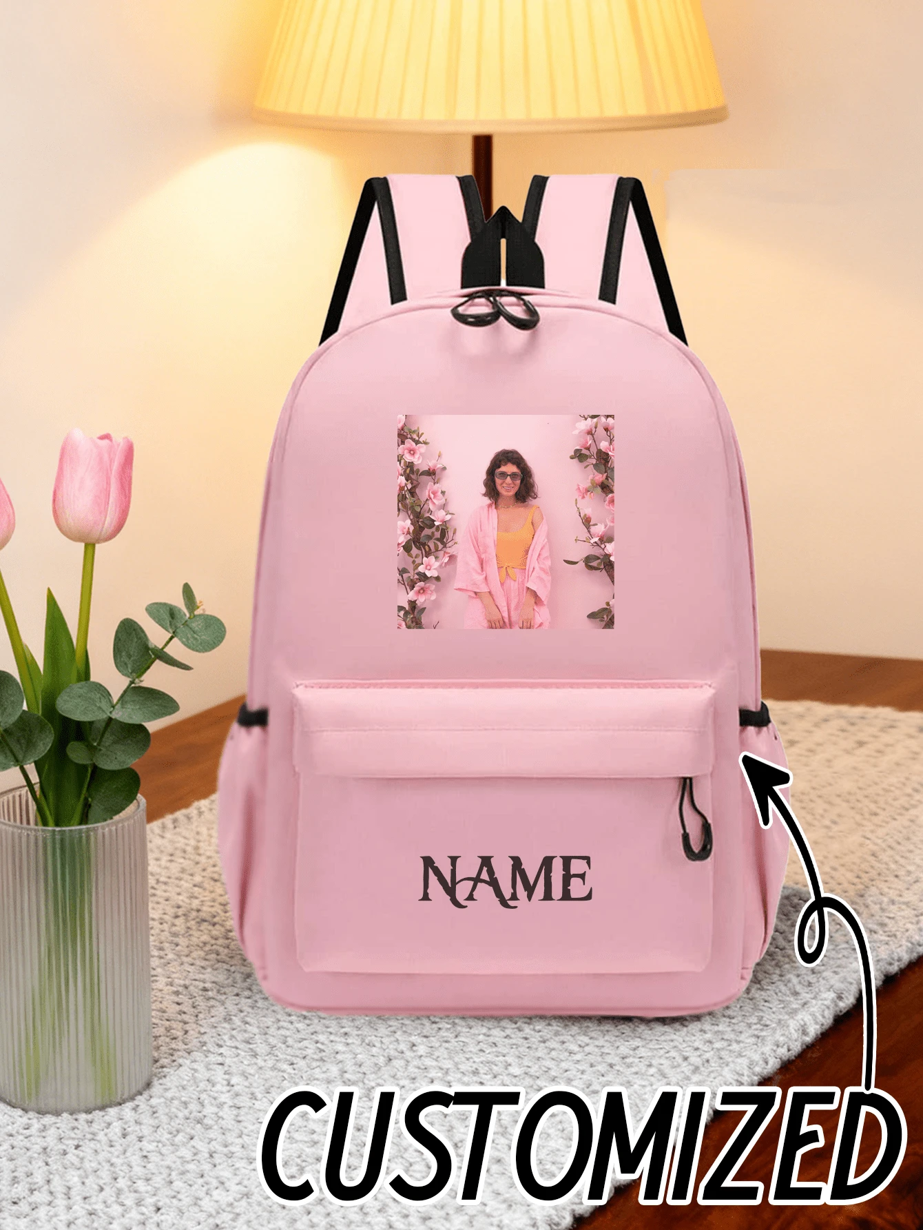 Customizable Shoulder Strap, Customizable Name, Customizable Text, Customizable Photo, DIY, Solid Color, Minimalist, Large Capacity, Lightweight, Comfortable Strap, Zipper Closure, Suitable For School, Work, Students, College Students, High School Students - Pink - View 1