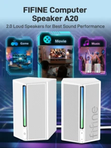 Computer Speakers, PC Speakers For Desktop With RGB, Volume Control, Gaming Speakers USB Powered Wired With Bass Boost, Volume Control, Power On/Off, Controllable RGB, 3.5mm Aux Audio Cable For Laptop Monitor Phone Tablet-FIFINE A20 White - White - View 3